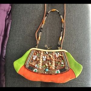Handbag / Purse beaded with brown green and orange